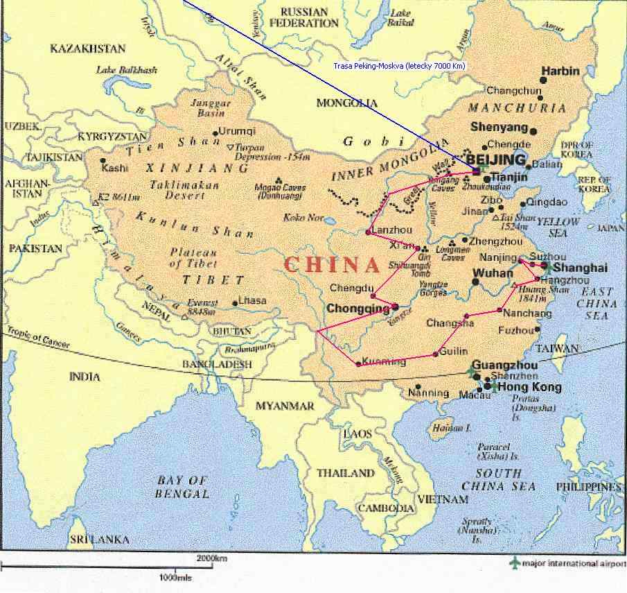 Čína, zakreslená přibližná trasa cesty